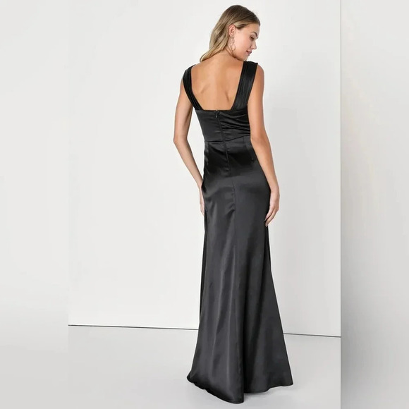 Lulus Stunning Arrival Black Satin Off-The-Shoulder Maxi Dress Wedding Prom - Picture 5 of 9